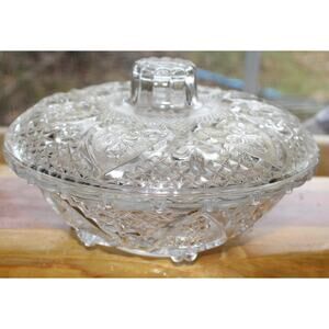 Vintage KIG Malyasia Clear Glass Candy Dish With 7” Lid Heart Rose Fleur de Lis